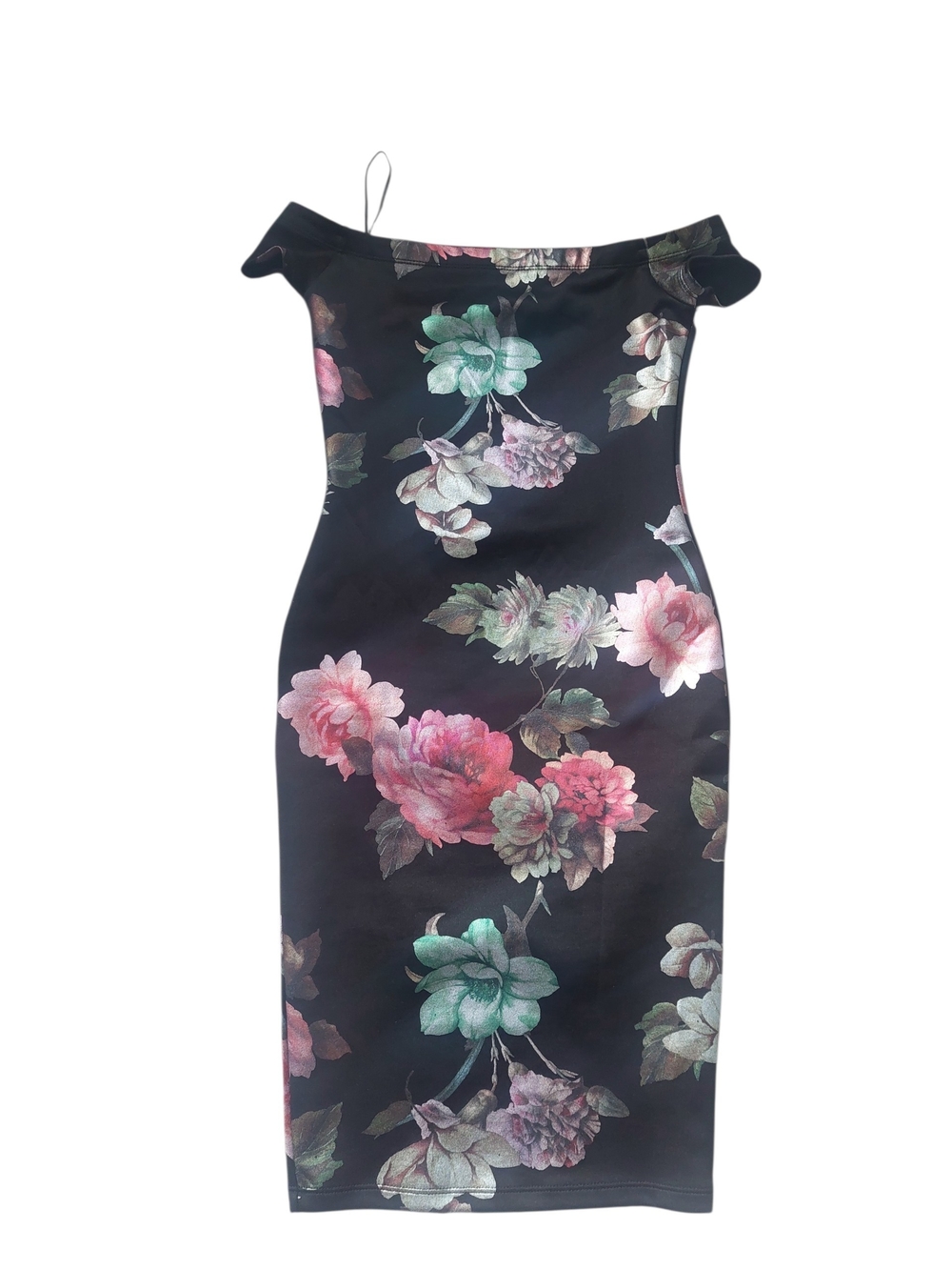 G by Guess Black One-Shoulder Floral Bodycon Dress with Pink & Green Flowers